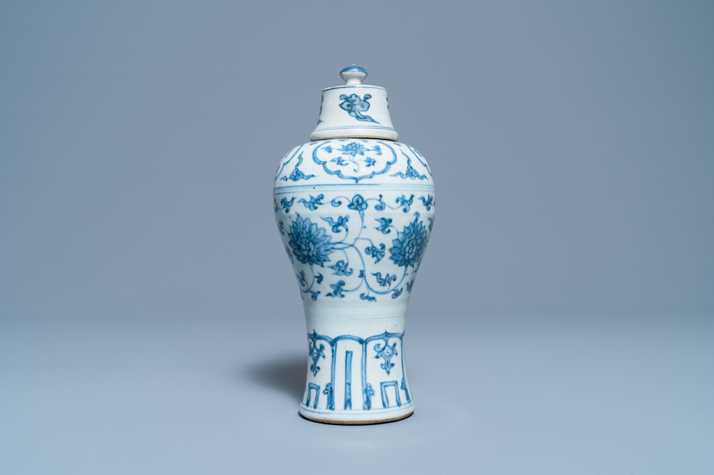 A Chinese blue and white 'meiping' vase and cover, Ming